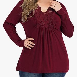 YASAKO Pleated V-Neck Lace Blouse Flowy Tunic